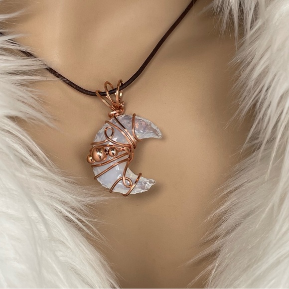 Genuine Opalite Crescent Moon Copper Wrap Leather Cord Boho Style - Picture 5 of 17